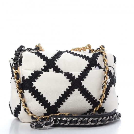 CHANEL Calfskin Crochet Medium 19 Flap White Black