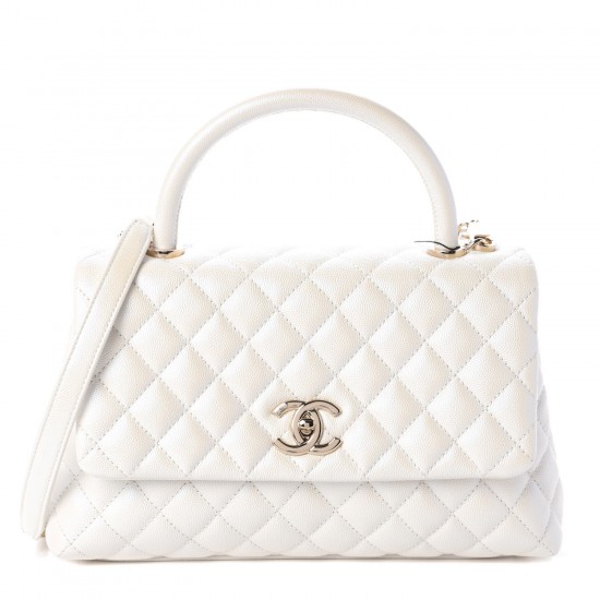 CHANEL Iridescent Caviar Quilted Small Coco Handle Flap White