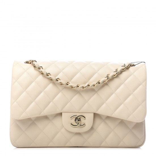 CHANEL Caviar Quilted Jumbo Double Flap Beige Clair