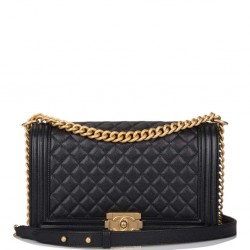 1Chanel Black Quilted Caviar New Medium Boy Bag Antique Gold Hardware