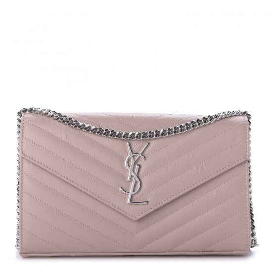 YSL Grain De Poudre Matelasse Chevron Monogram Chain Wallet Pale Pink