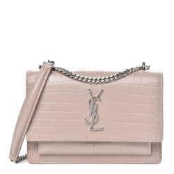 YSL Calfskin Crocodile Embossed Monogram Sunset Chain Wallet Marble Pink