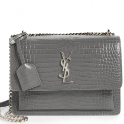 YSL Calfskin Crocodile Embossed Monogram Sunset Chain Wallet Marble gray