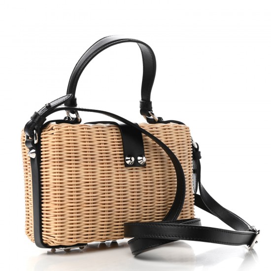 PRADA Wicker Top Handle Shoulder Bag Naturale Black